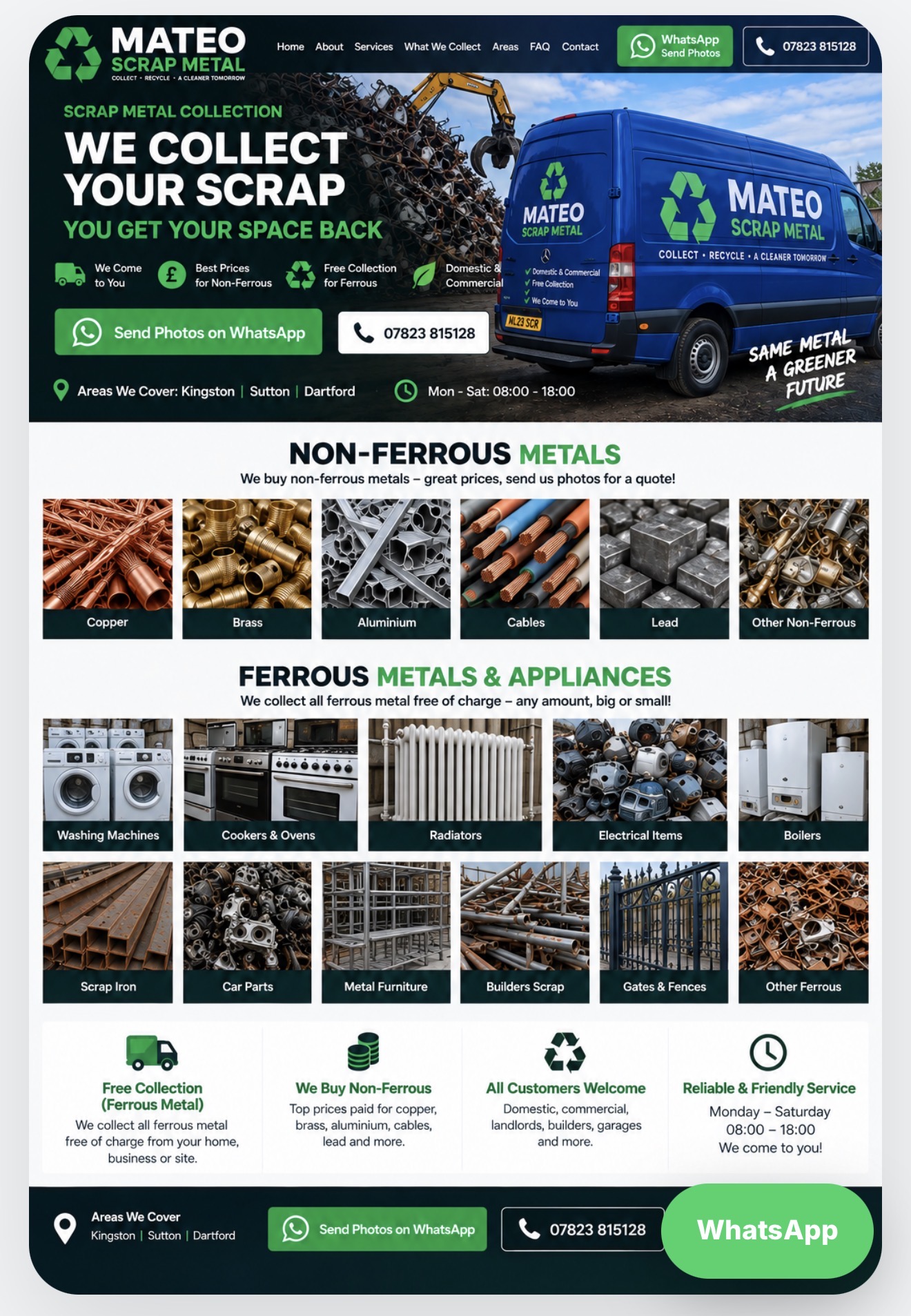 Mateo Scrap Metal website design with blue Mercedes Sprinter and scrap metal services
